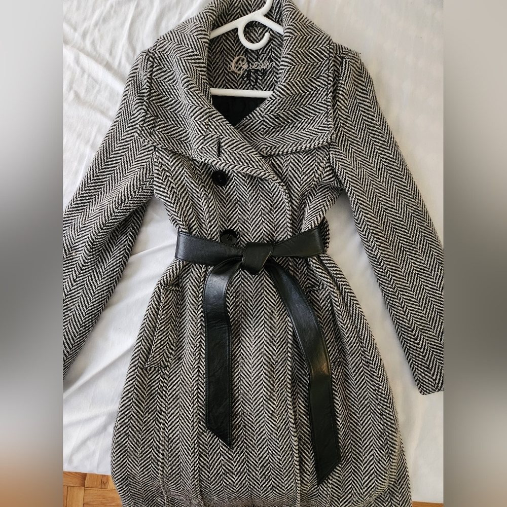 Guess Double Breasted Chevron Wool Coat